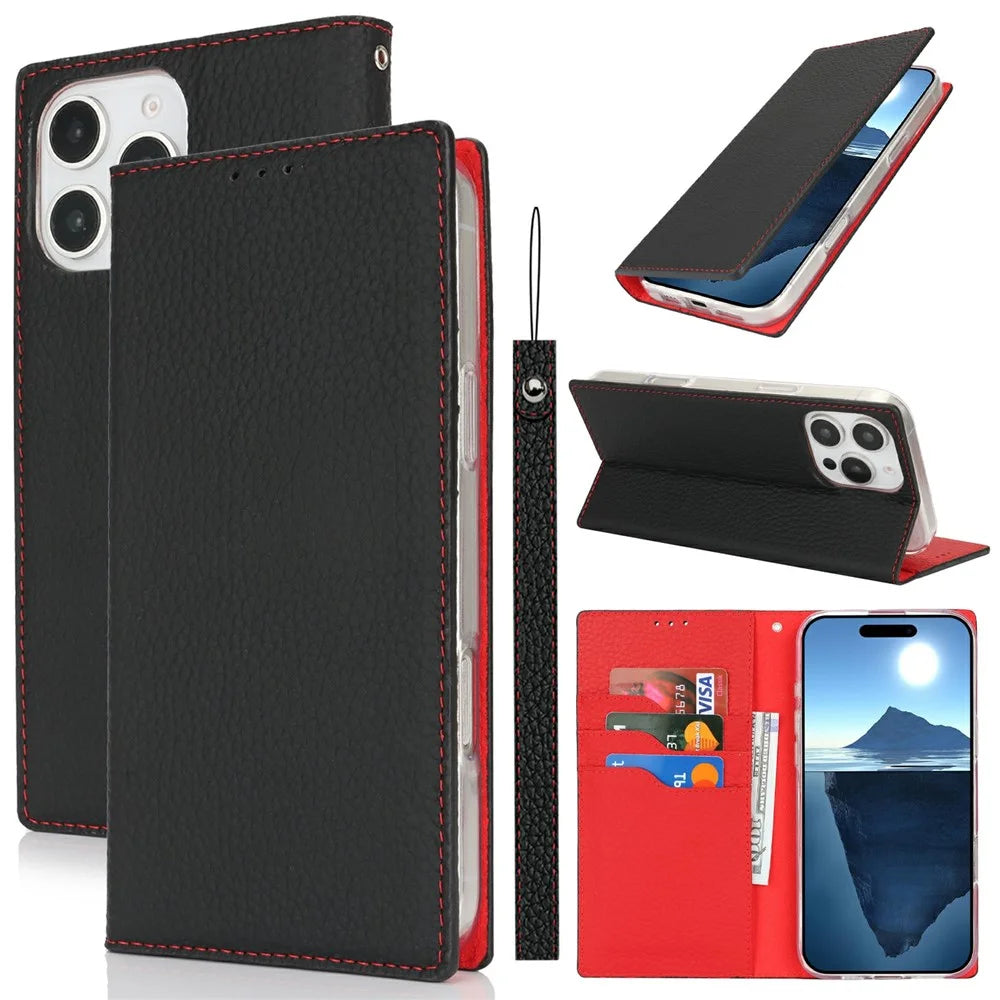 For iPhone 16 Pro Wallet Case Genuine Cow Leather Phone Cover Litchi Texture - Black - 5