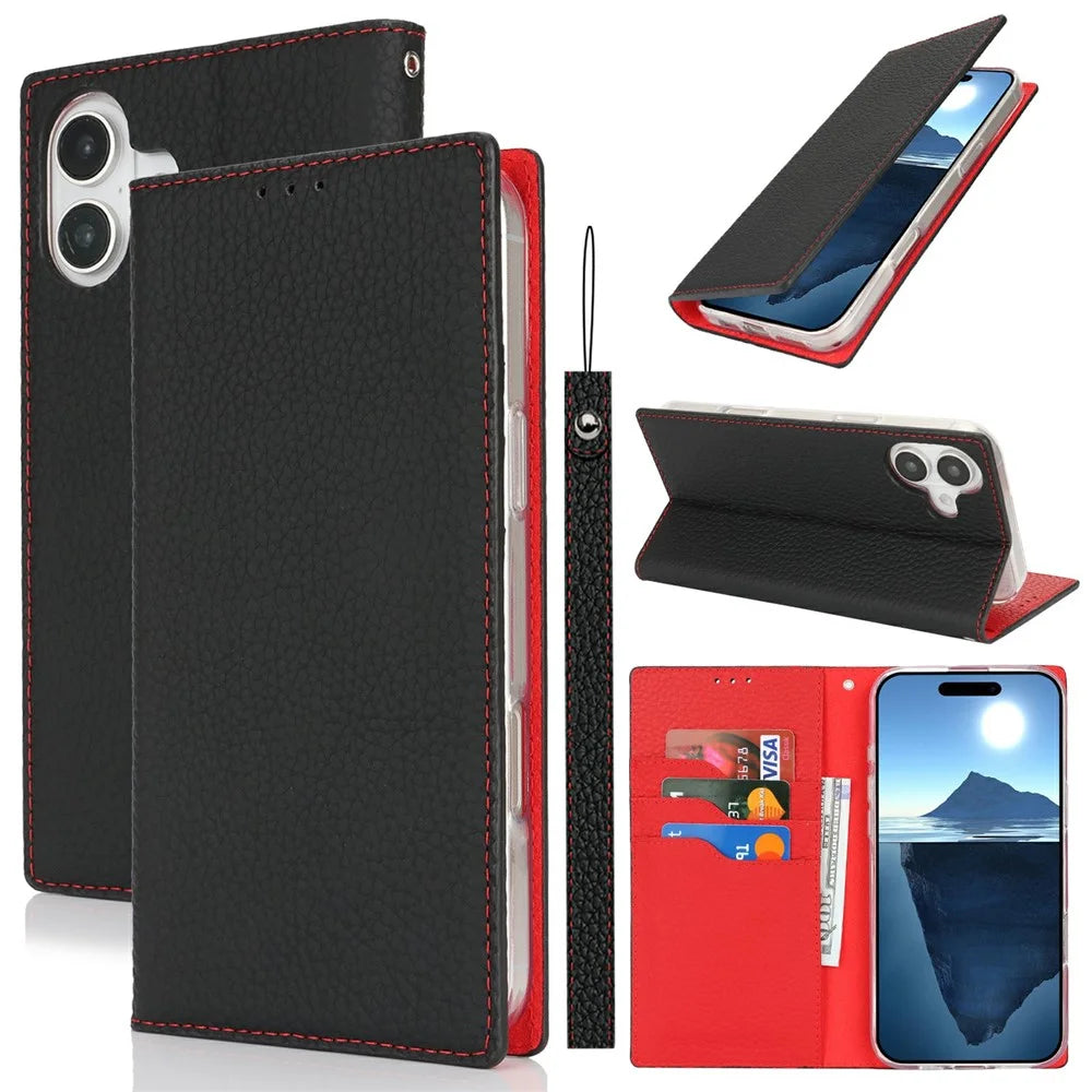 For iPhone 16 Plus Wallet Case Genuine Cow Leather Phone Cover Litchi Texture - Black - 5
