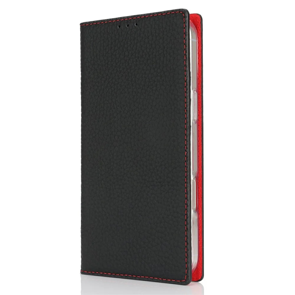 For iPhone 16 Plus Wallet Case Genuine Cow Leather Phone Cover Litchi Texture - Black - 6