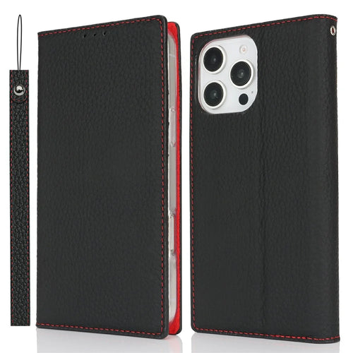 For iPhone 16 Pro Max Wallet Case Genuine Cow Leather Phone Cover Litchi Texture - Black - 1