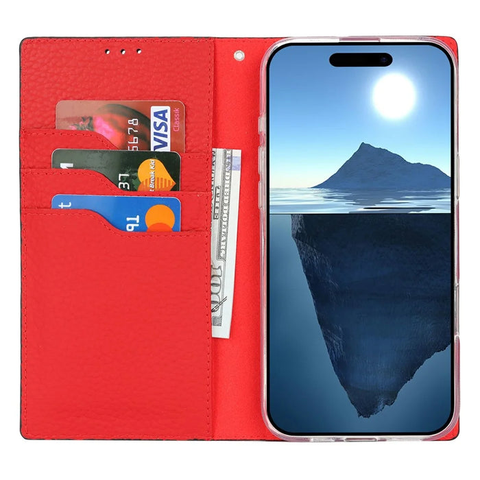 For iPhone 16 Pro Max Wallet Case Genuine Cow Leather Phone Cover Litchi Texture - Black - 3
