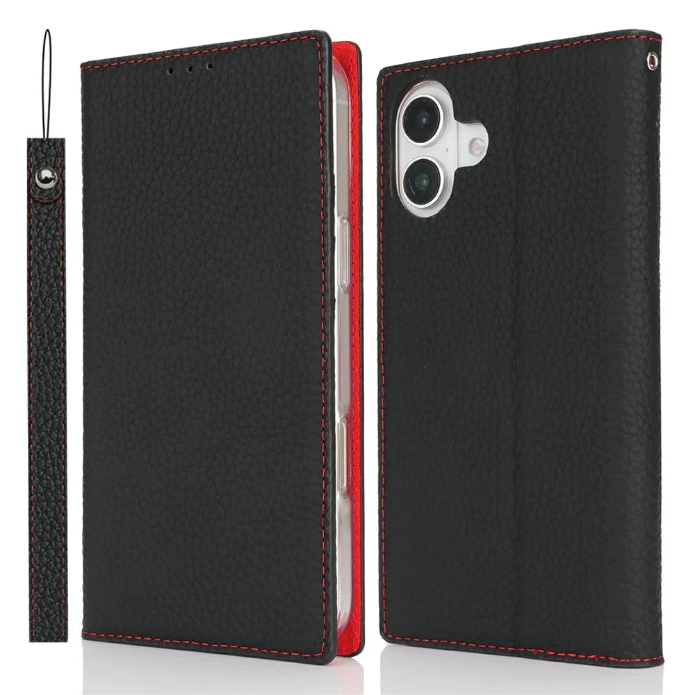 For iPhone 16 Wallet Case Genuine Cow Leather Phone Cover Litchi Texture - Black - 1