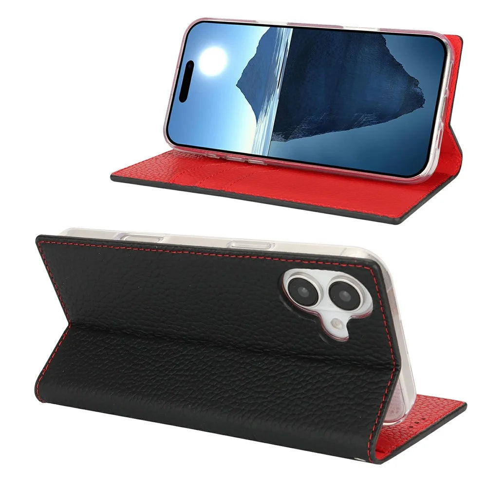 For iPhone 16 Wallet Case Genuine Cow Leather Phone Cover Litchi Texture - Black - 2