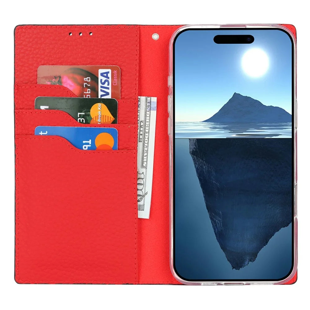For iPhone 16 Wallet Case Genuine Cow Leather Phone Cover Litchi Texture - Black - 3