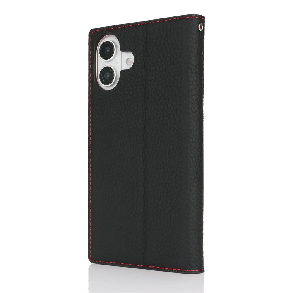 For iPhone 16 Wallet Case Genuine Cow Leather Phone Cover Litchi Texture - Black - 7