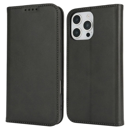 For iPhone 16 Pro Case PU Leather Calf Textured Magnetic Closing Smart Phone Cover - Black - 1