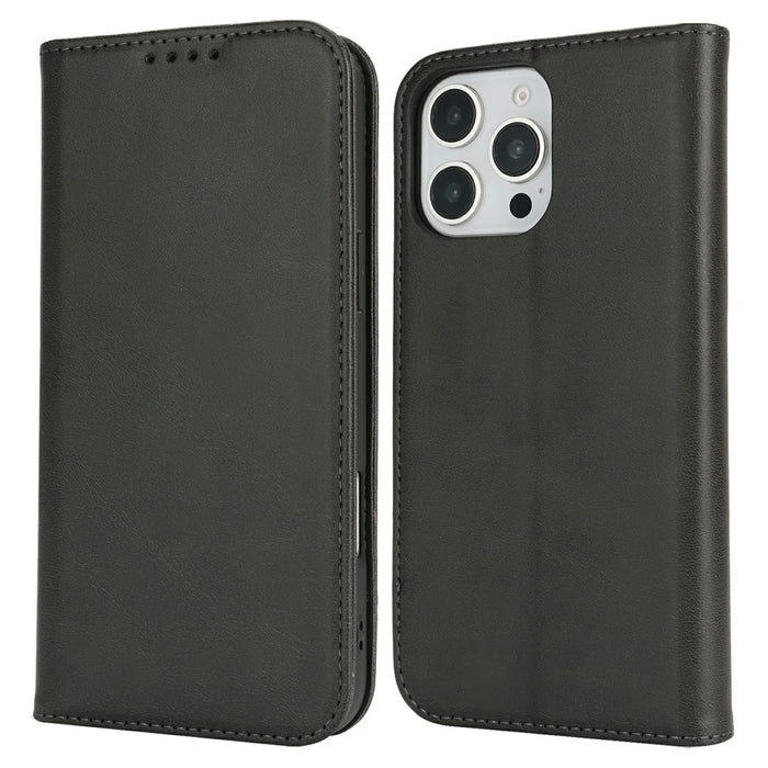 For iPhone 16 Pro Case PU Leather Calf Textured Magnetic Closing Smart Phone Cover - Black - 1