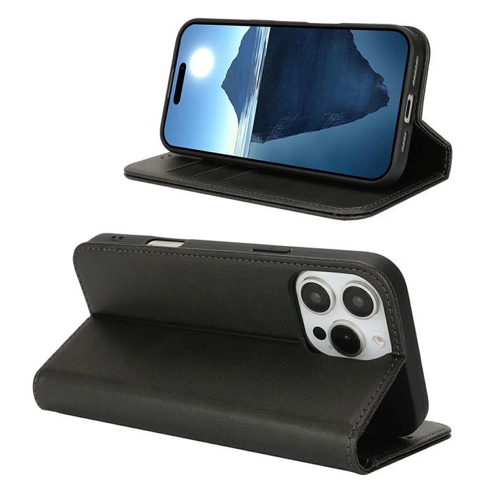 For iPhone 16 Pro Case PU Leather Calf Textured Magnetic Closing Smart Phone Cover - Black - 2