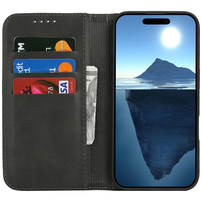 For iPhone 16 Pro Case PU Leather Calf Textured Magnetic Closing Smart Phone Cover - Black - 3