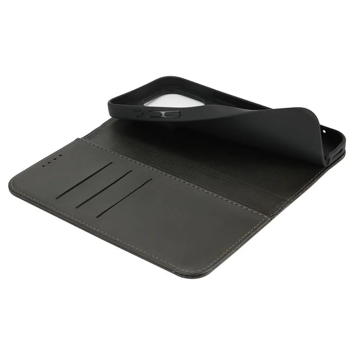 For iPhone 16 Pro Case PU Leather Calf Textured Magnetic Closing Smart Phone Cover - Black - 4