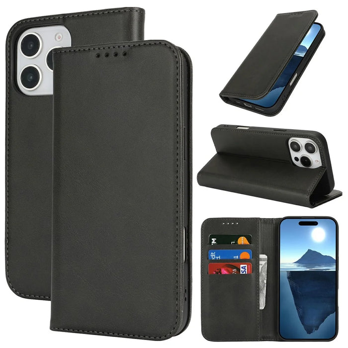 For iPhone 16 Pro Case PU Leather Calf Textured Magnetic Closing Smart Phone Cover - Black - 5