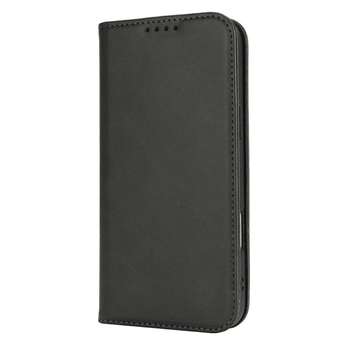 For iPhone 16 Pro Case PU Leather Calf Textured Magnetic Closing Smart Phone Cover - Black - 6