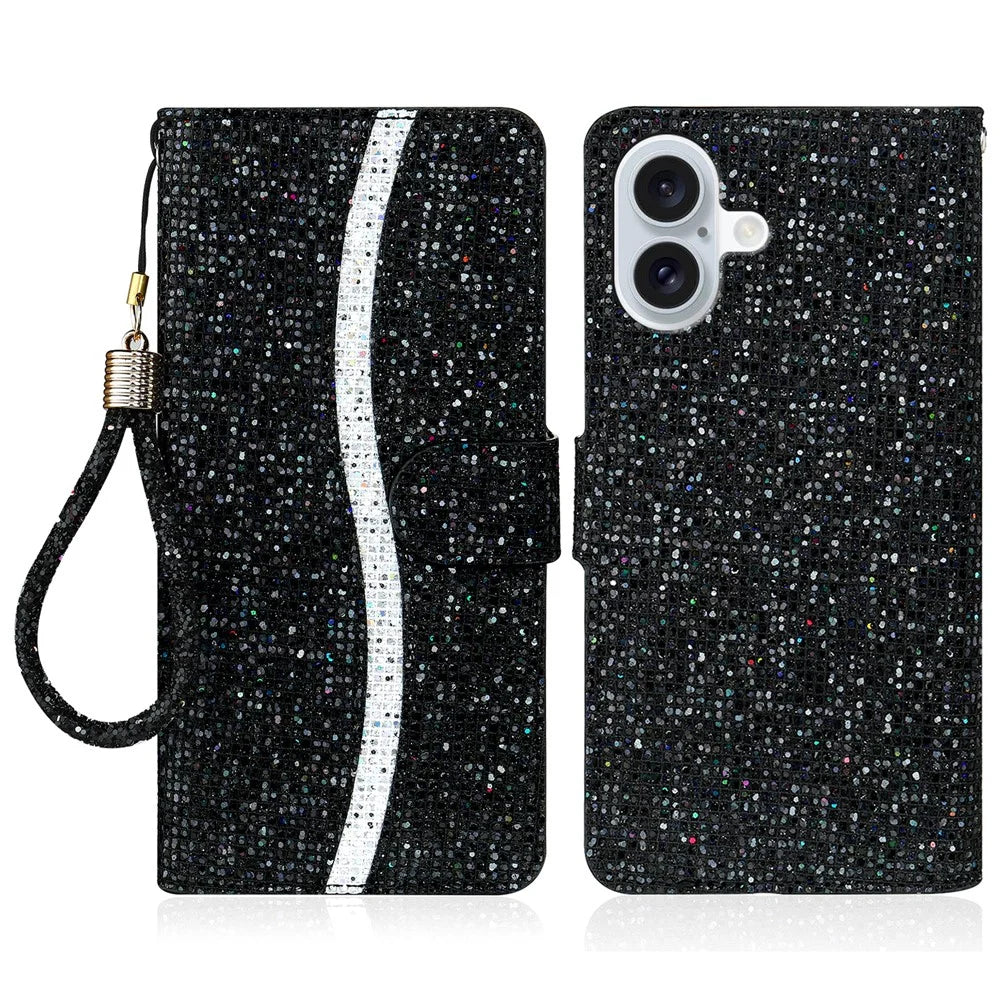 For iPhone 16 Plus Case PU Leather Wallet Card Slots Glitter Phone Cover - Black - 1