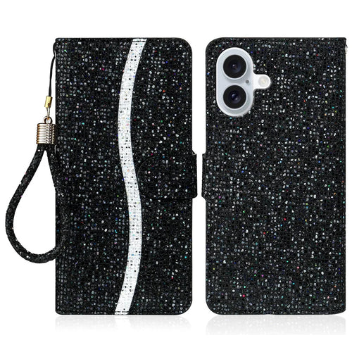For iPhone 16 Plus Case PU Leather Wallet Card Slots Glitter Phone Cover - Black - 1