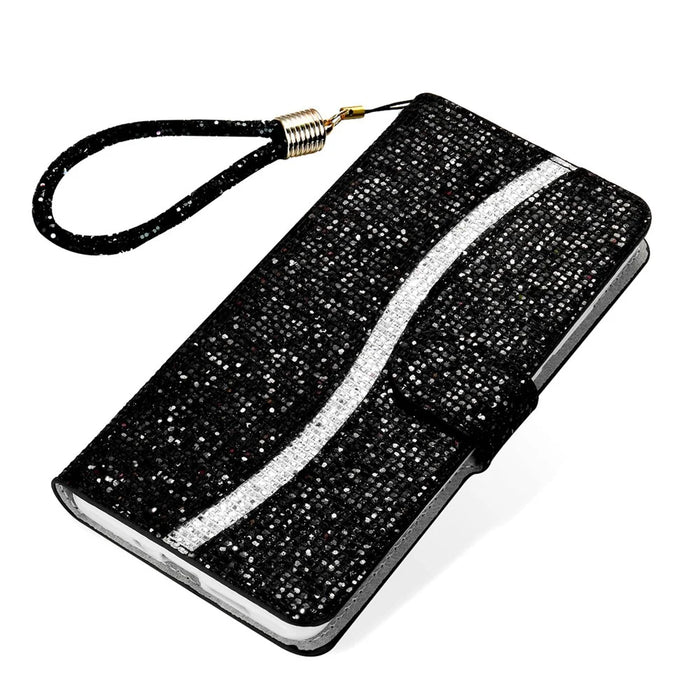 For iPhone 16 Pro Max Case PU Leather Wallet Card Slots Glitter Phone Cover - Black - 7