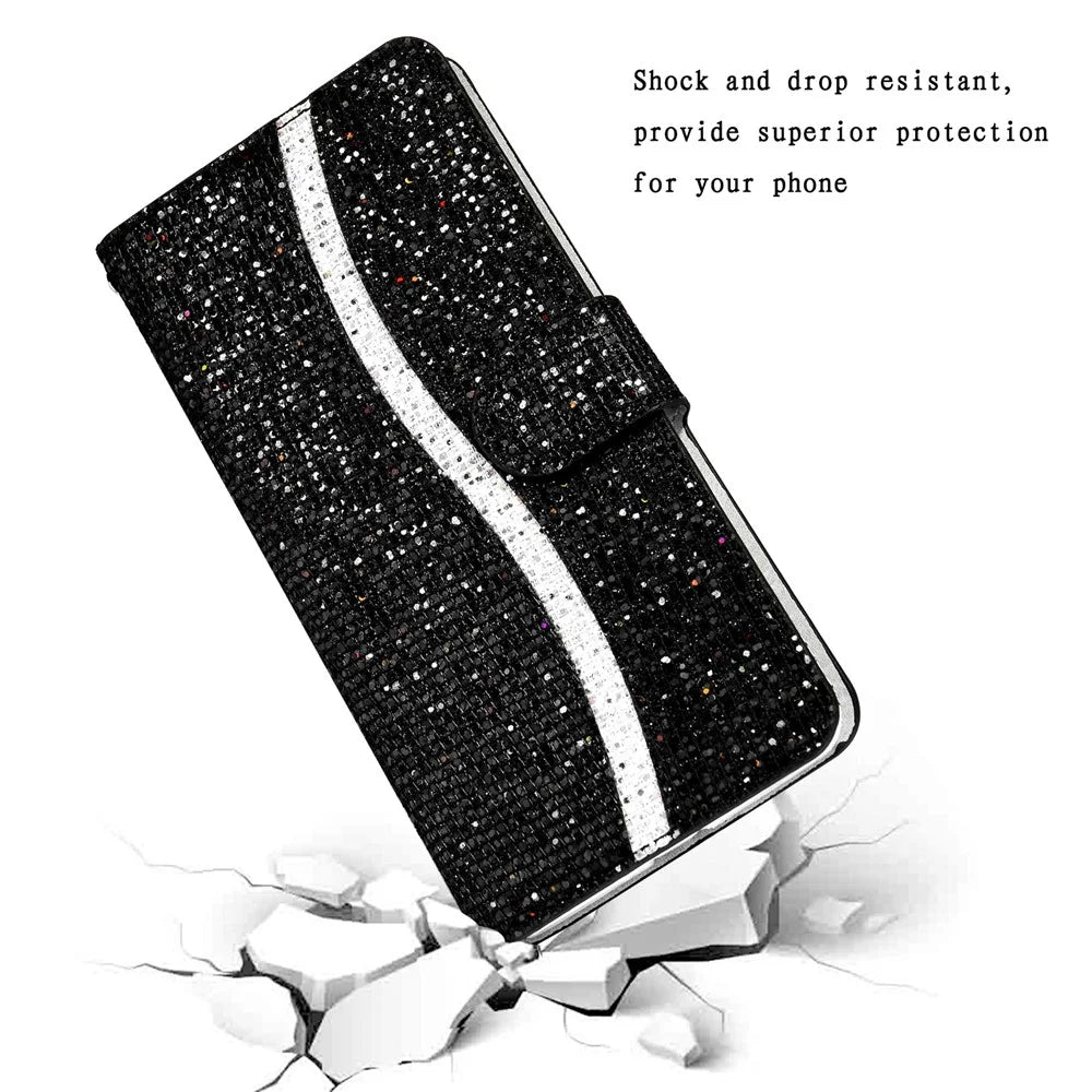 For iPhone 16 Case PU Leather Wallet Card Slots Glitter Phone Cover - Black - 4