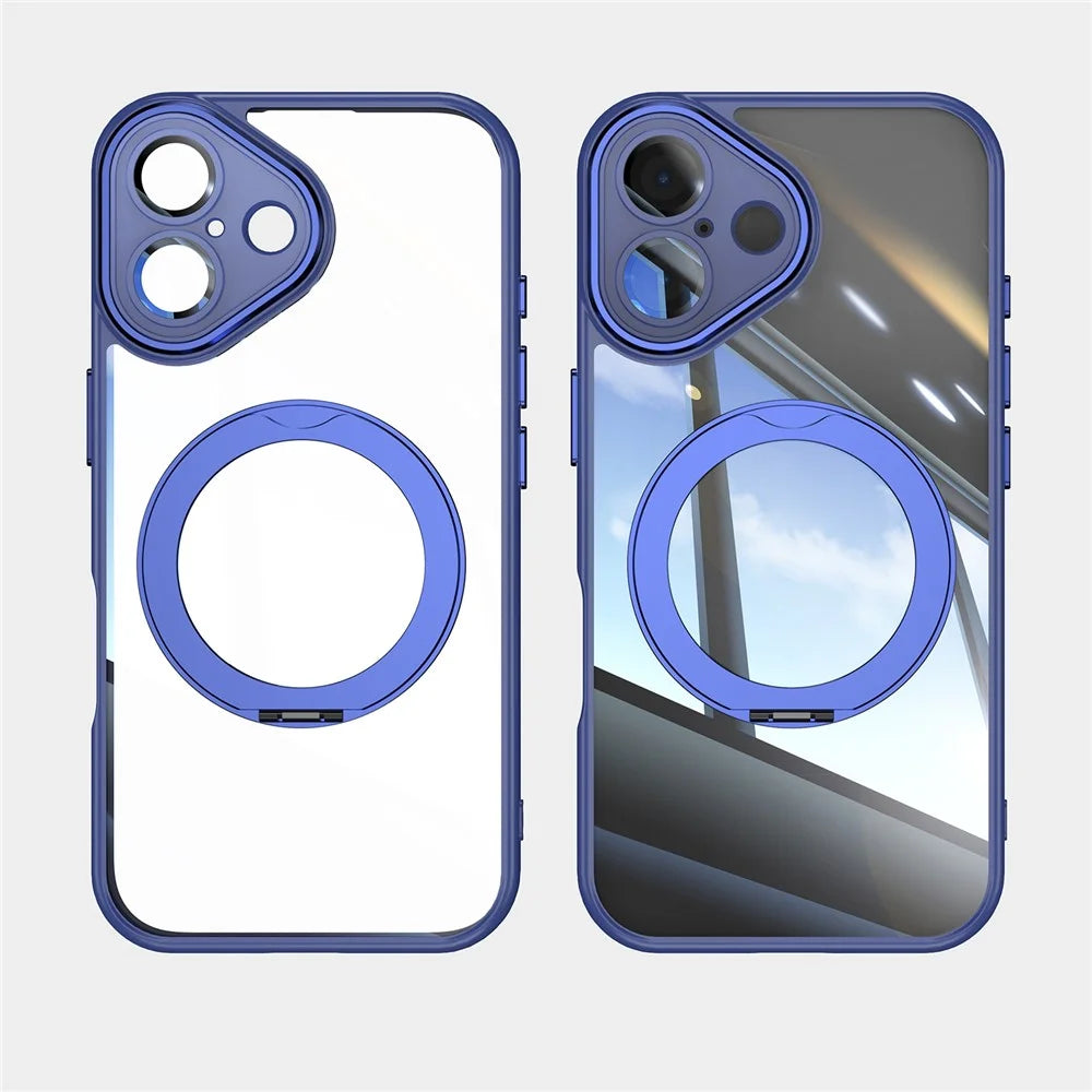 For iPhone 16 Plus Case Rotatable Magnetic Kickstand TPU+PC Phone Cover with Lens Film - Blue - 3