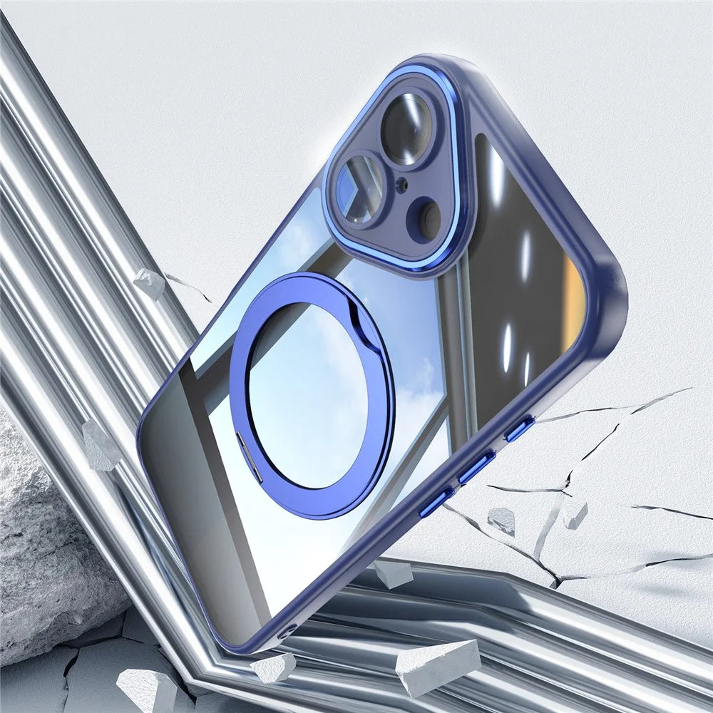 For iPhone 16 Plus Case Rotatable Magnetic Kickstand TPU+PC Phone Cover with Lens Film - Blue - 5