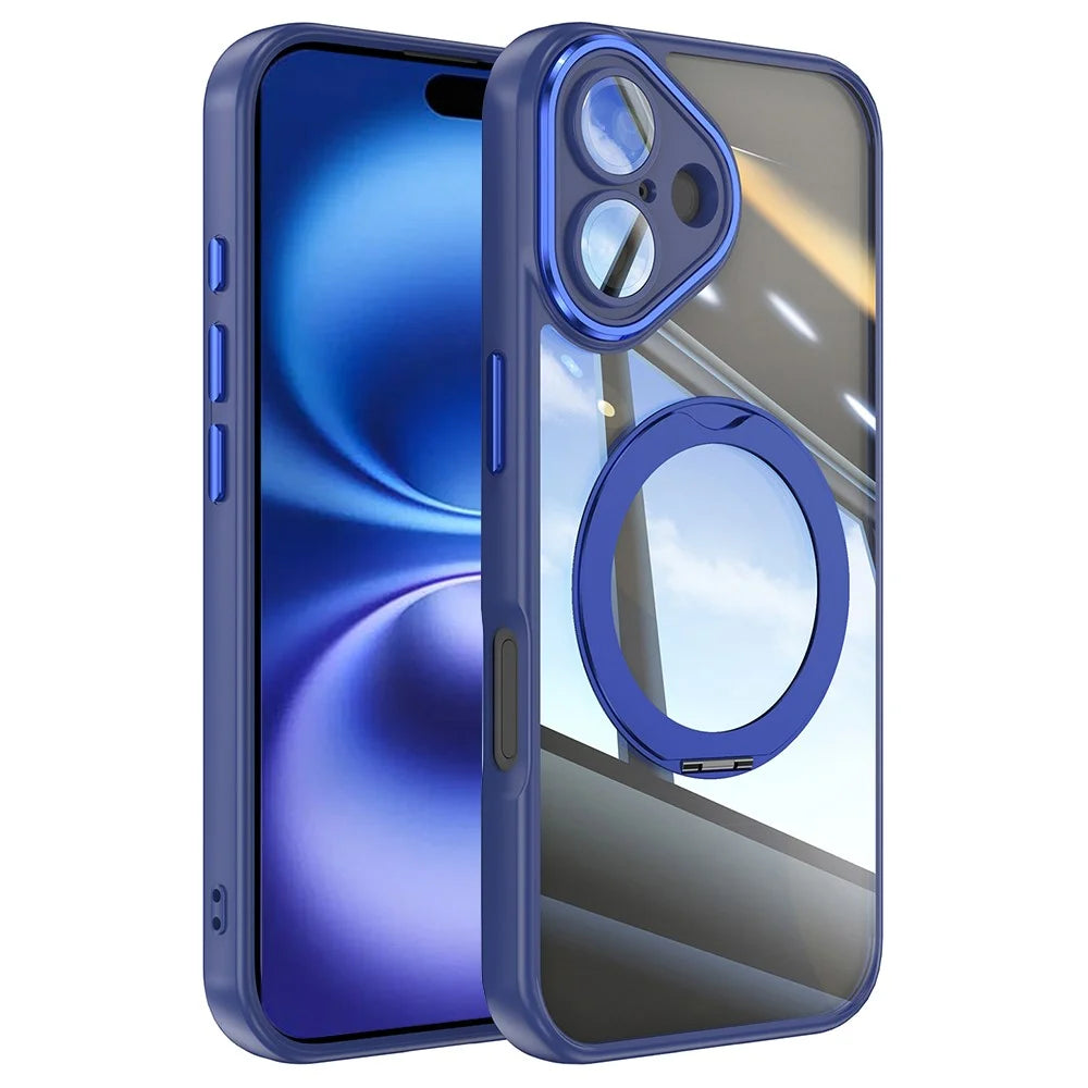 For iPhone 16 Case Rotatable Magnetic Kickstand TPU+PC Phone Cover with Lens Film - Blue - 1