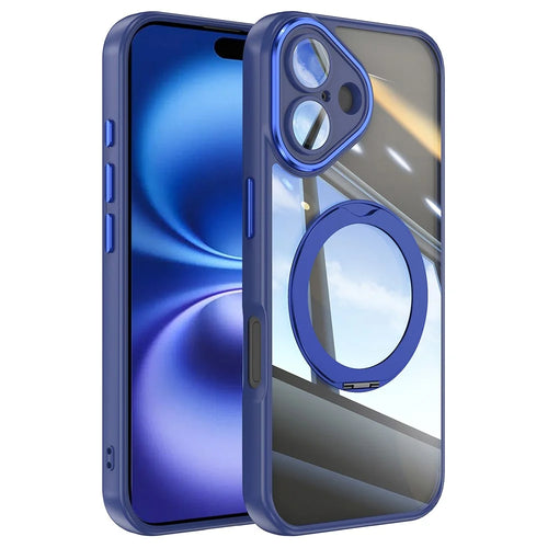 For iPhone 16 Case Rotatable Magnetic Kickstand TPU+PC Phone Cover with Lens Film - Blue - 1