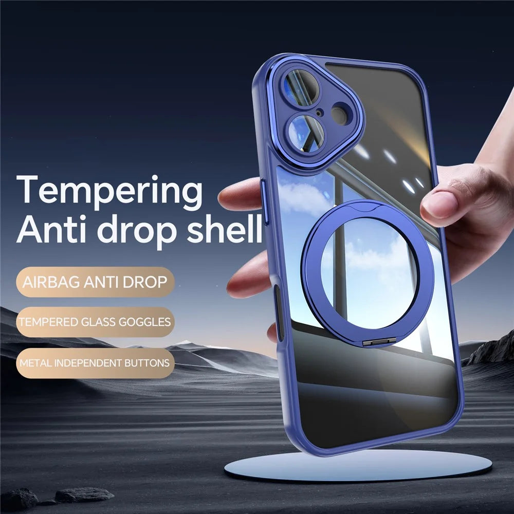 For iPhone 16 Case Rotatable Magnetic Kickstand TPU+PC Phone Cover with Lens Film - Blue - 4