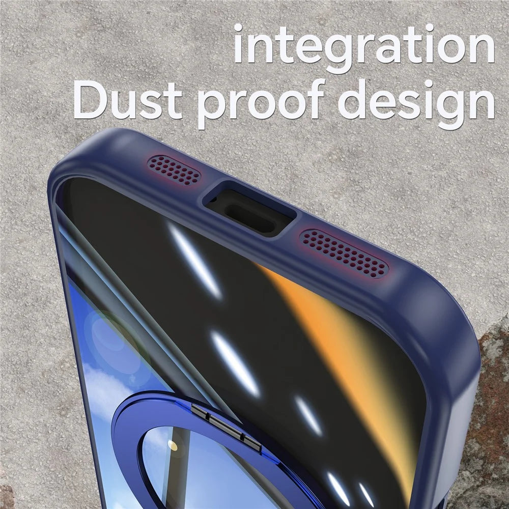 For iPhone 16 Case Rotatable Magnetic Kickstand TPU+PC Phone Cover with Lens Film - Blue - 6