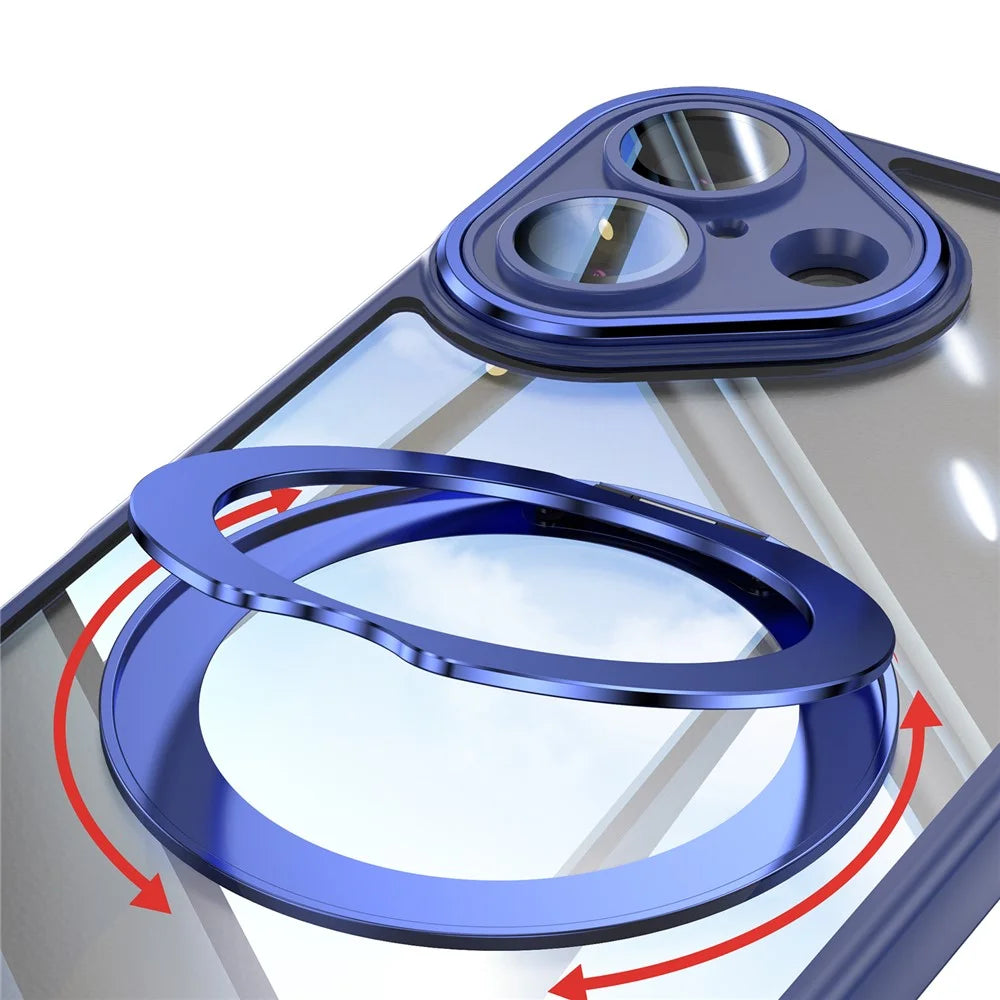 For iPhone 16 Case Rotatable Magnetic Kickstand TPU+PC Phone Cover with Lens Film - Blue - 7