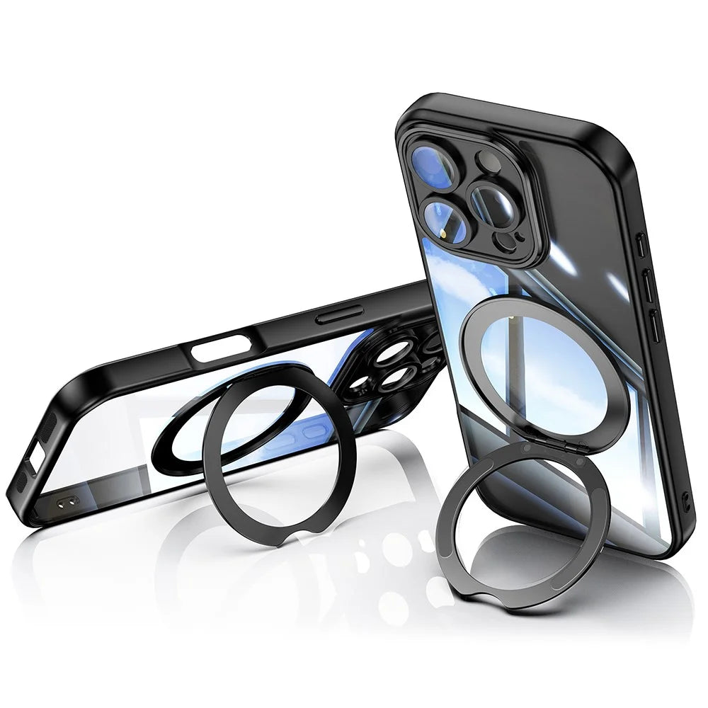 For iPhone 16 Pro Max Case Rotatable Magnetic Kickstand TPU+PC Phone Cover with Lens Film - Black - 2
