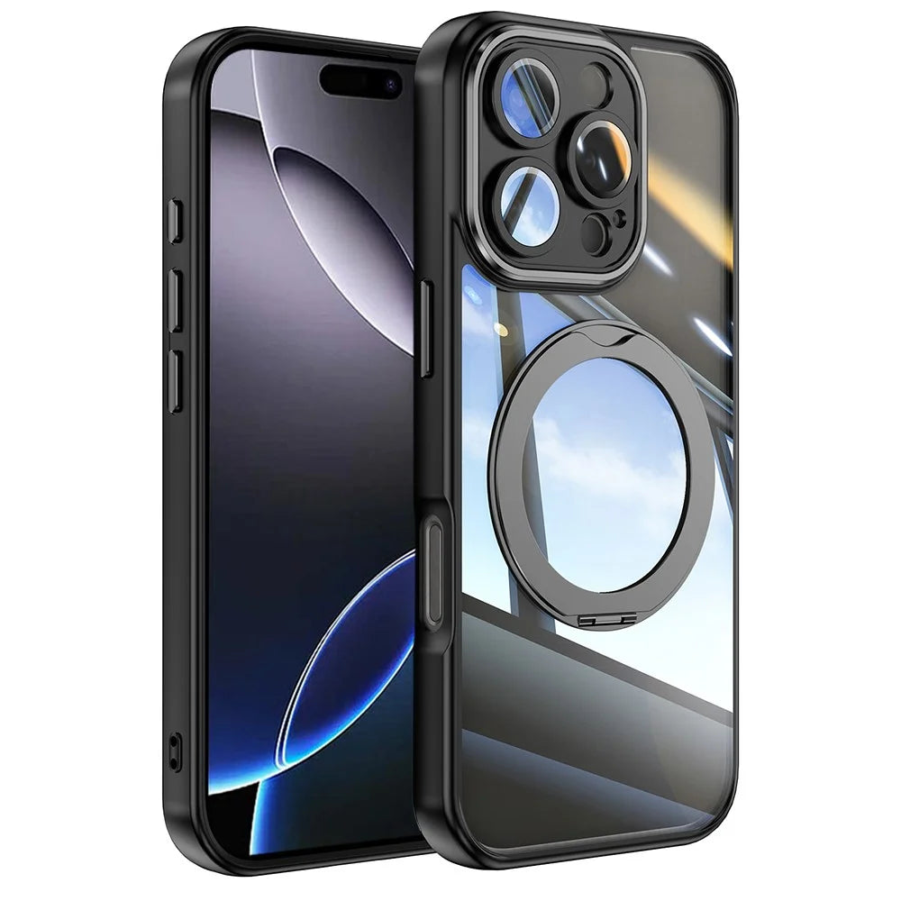 For iPhone 16 Pro Case Rotatable Magnetic Kickstand TPU+PC Phone Cover with Lens Film - Black - 1