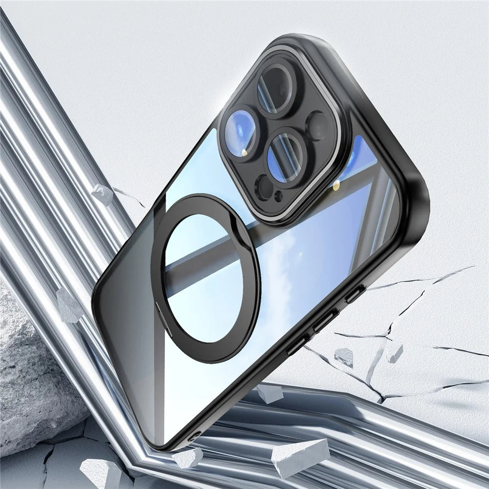 For iPhone 16 Pro Case Rotatable Magnetic Kickstand TPU+PC Phone Cover with Lens Film - Black - 5