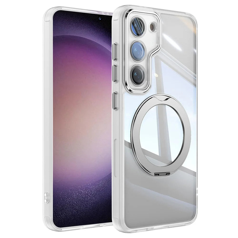 For Samsung Galaxy S23+ Case Rotatable Magnetic Kickstand TPU+PC Phone Cover with Lens Film - Transparent White - 1