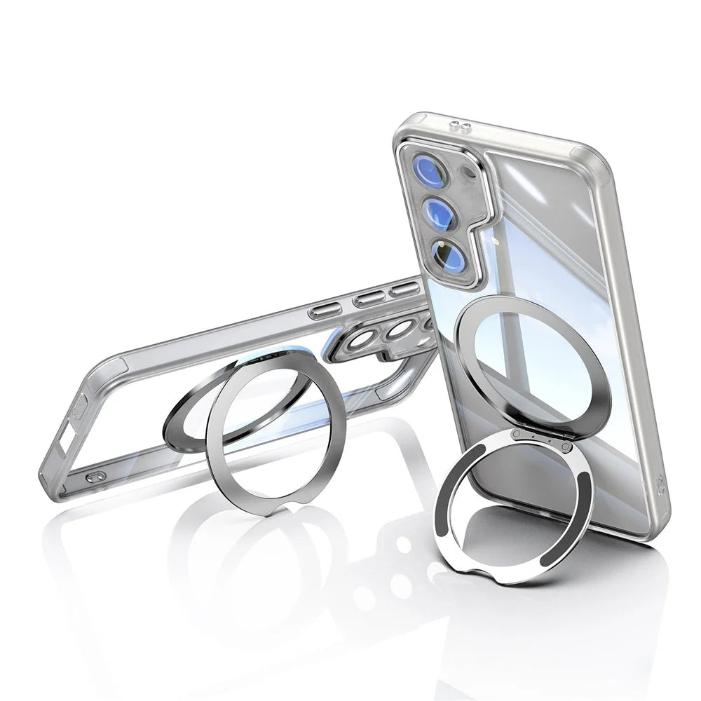 For Samsung Galaxy S23+ Case Rotatable Magnetic Kickstand TPU+PC Phone Cover with Lens Film - Transparent White - 2