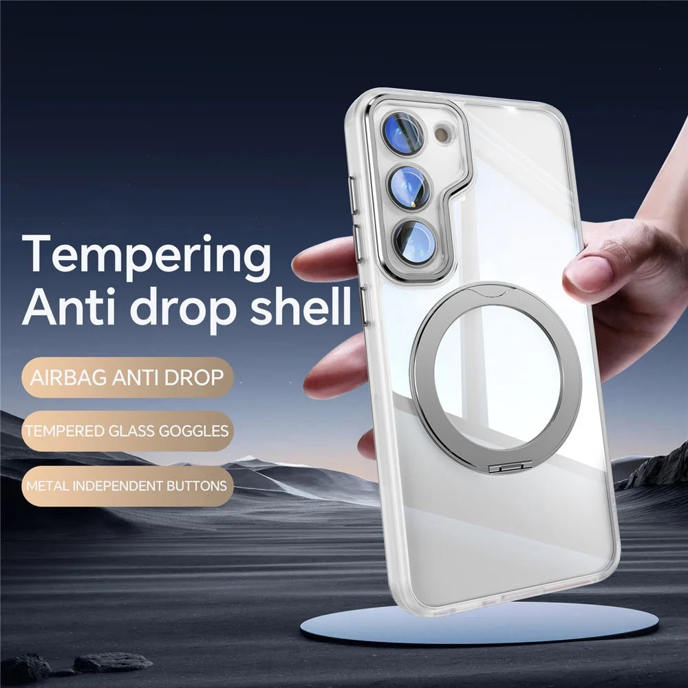 For Samsung Galaxy S23+ Case Rotatable Magnetic Kickstand TPU+PC Phone Cover with Lens Film - Transparent White - 4