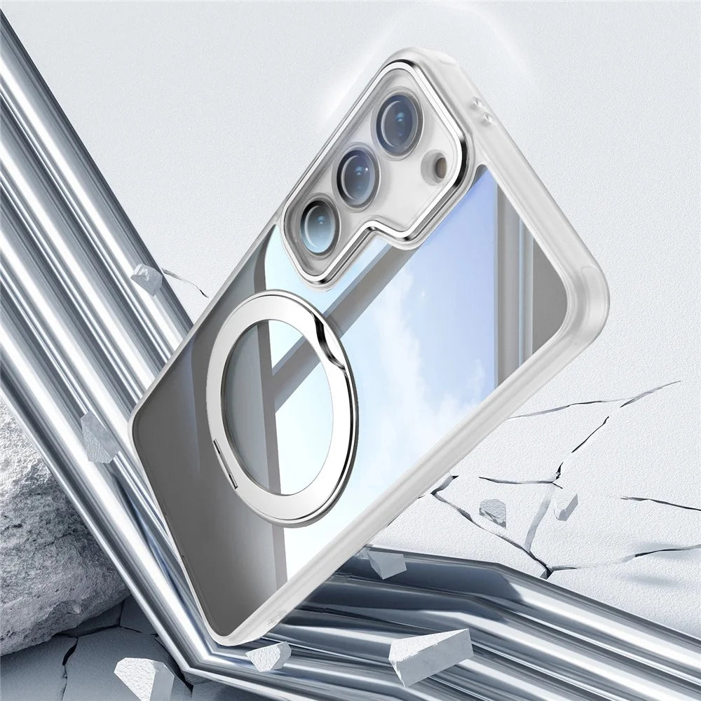 For Samsung Galaxy S23+ Case Rotatable Magnetic Kickstand TPU+PC Phone Cover with Lens Film - Transparent White - 5