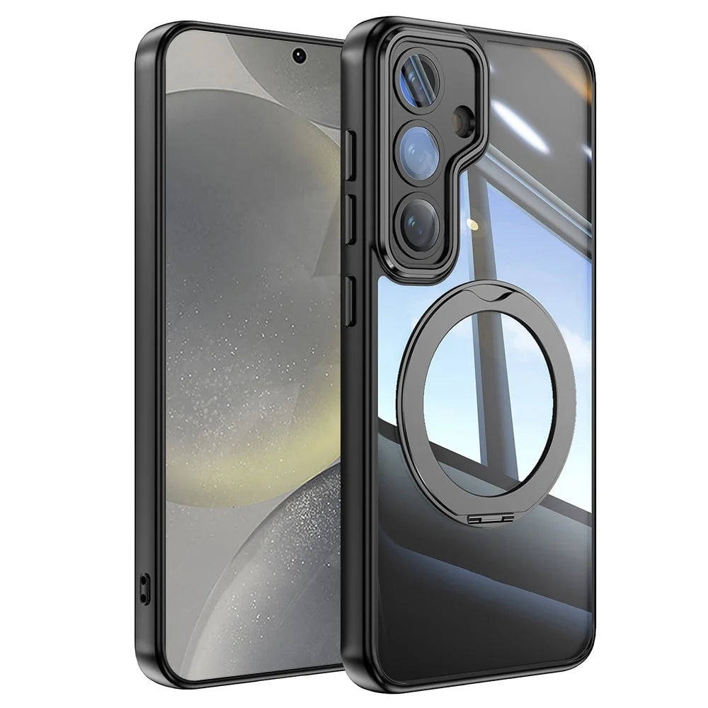 For Samsung Galaxy S24 Case Rotatable Magnetic Kickstand TPU+PC Phone Cover with Lens Film - Black - 1
