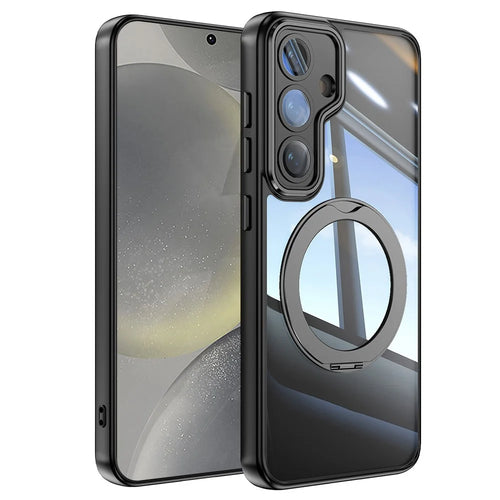 For Samsung Galaxy S24 Case Rotatable Magnetic Kickstand TPU+PC Phone Cover with Lens Film - Black - 1