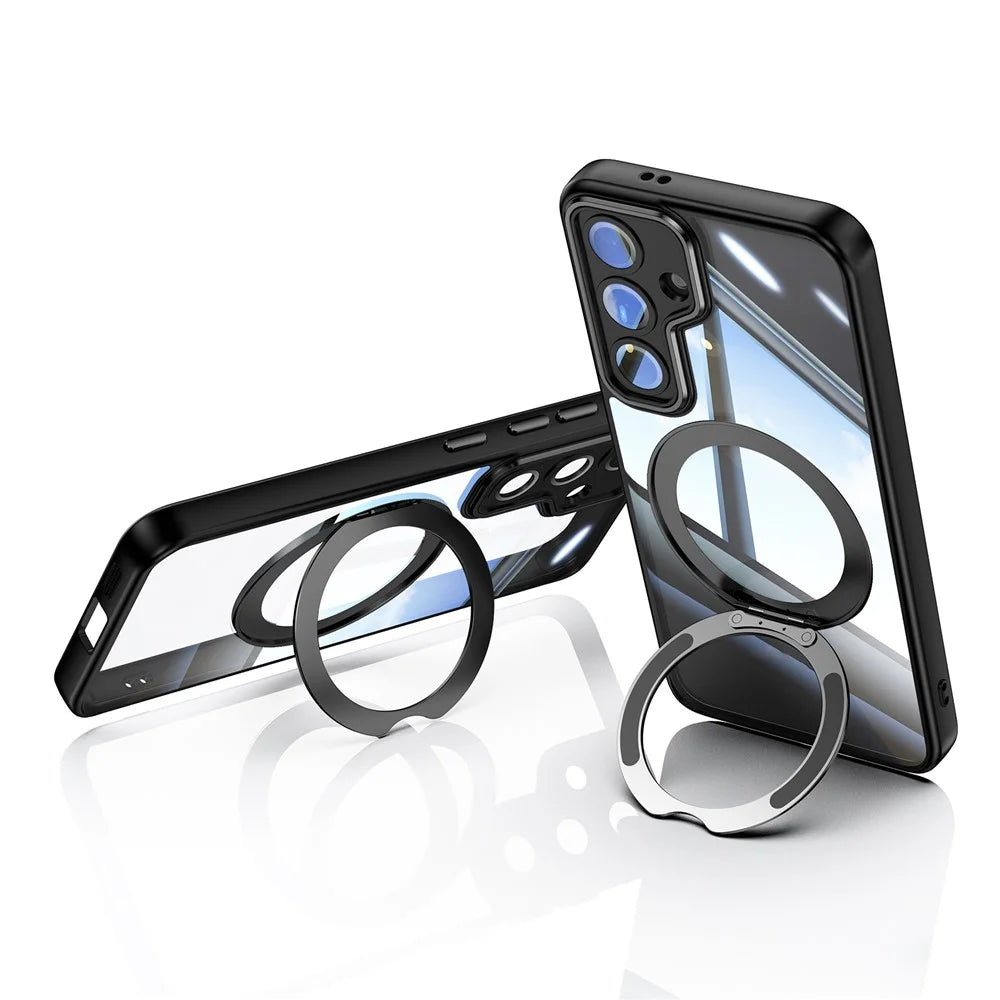 For Samsung Galaxy S24 Case Rotatable Magnetic Kickstand TPU+PC Phone Cover with Lens Film - Black - 2