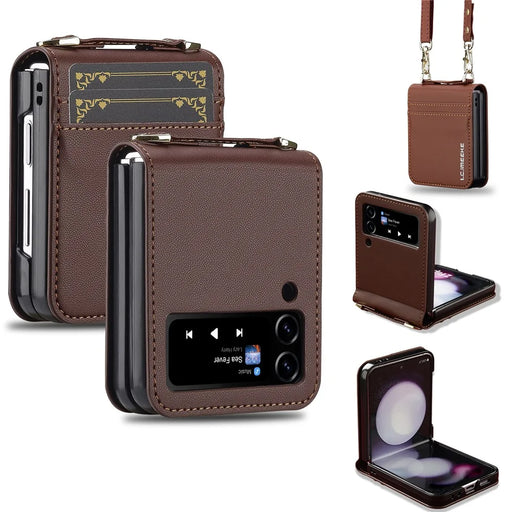 LC.IMEEKE for Samsung Galaxy Z Flip4 5G Case Leather+PC Phone Cover with Straps Card Slots - Brown - 1