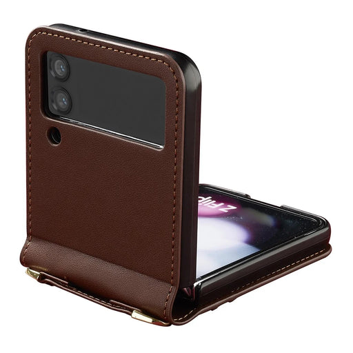 LC.IMEEKE for Samsung Galaxy Z Flip4 5G Case Leather+PC Phone Cover with Straps Card Slots - Brown - 2