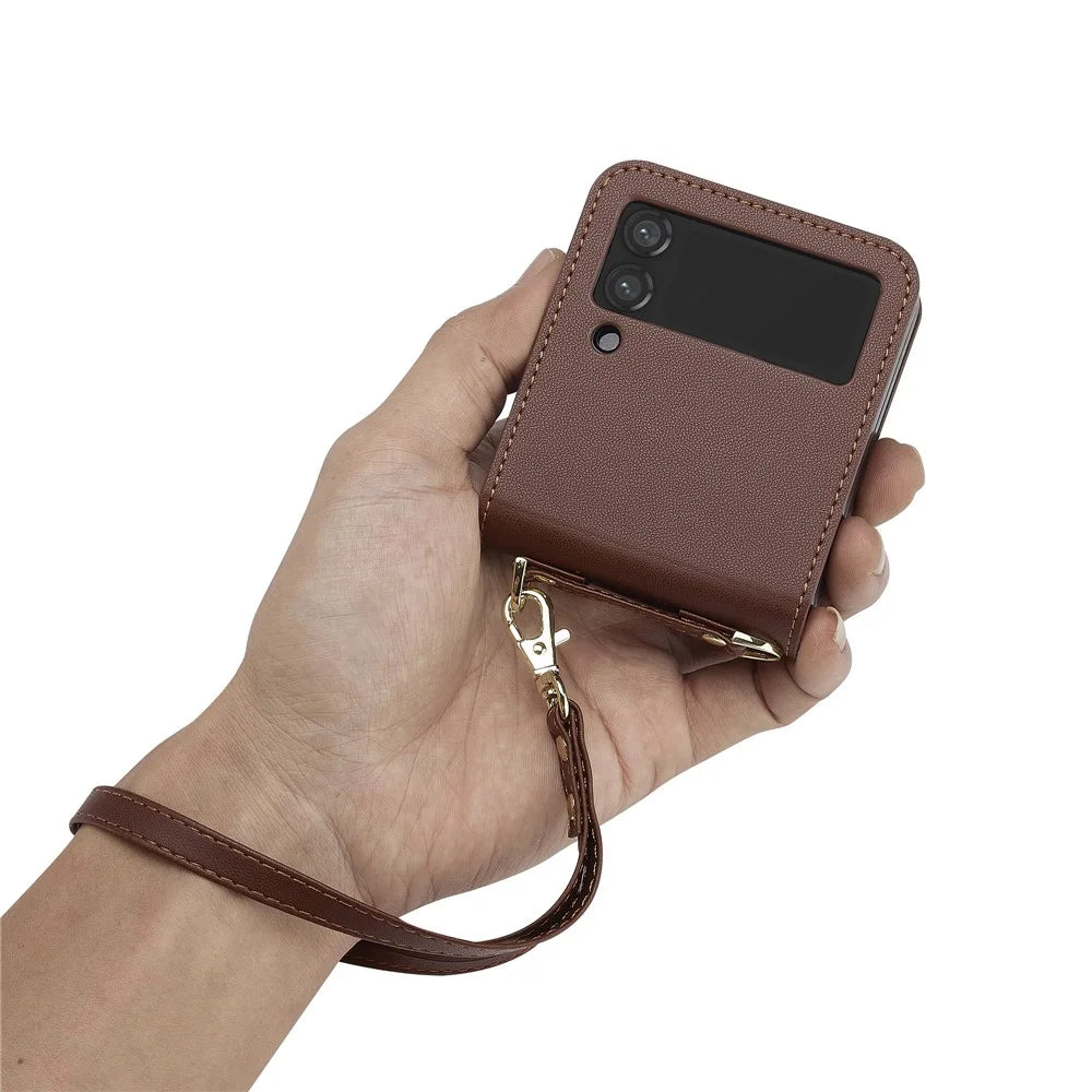 LC.IMEEKE for Samsung Galaxy Z Flip4 5G Case Leather+PC Phone Cover with Straps Card Slots - Brown - 4