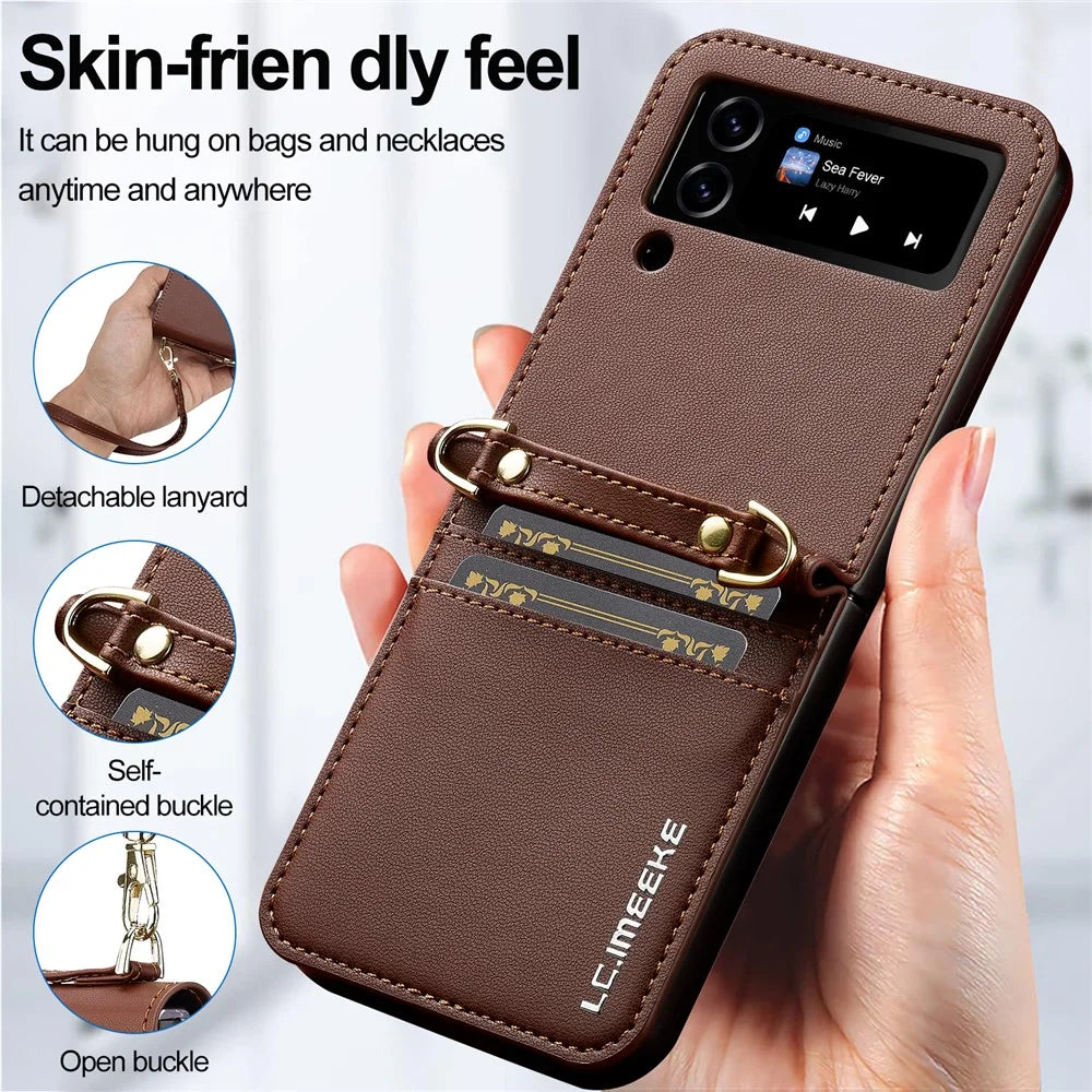 LC.IMEEKE for Samsung Galaxy Z Flip4 5G Case Leather+PC Phone Cover with Straps Card Slots - Brown - 5