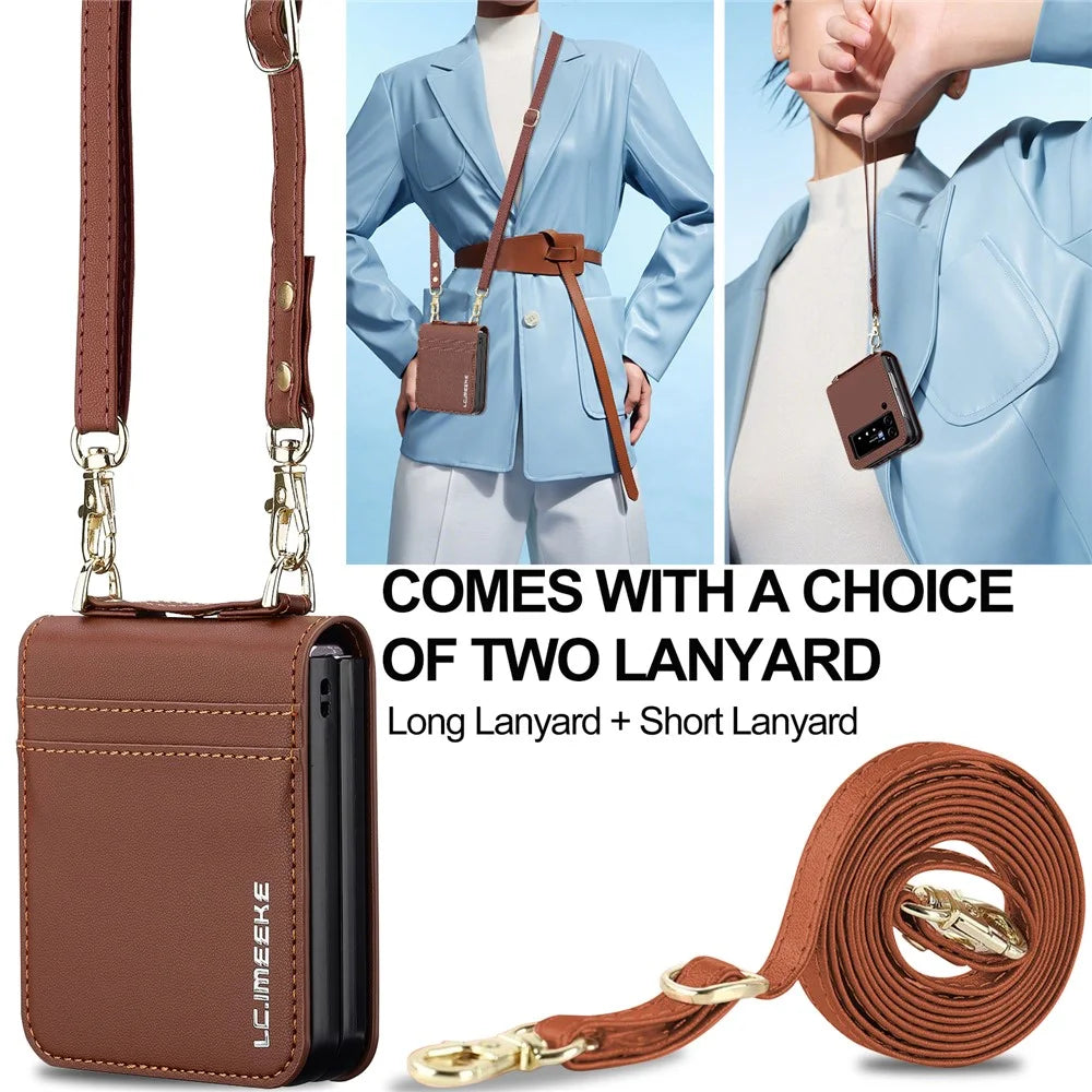 LC.IMEEKE for Samsung Galaxy Z Flip4 5G Case Leather+PC Phone Cover with Straps Card Slots - Brown - 6