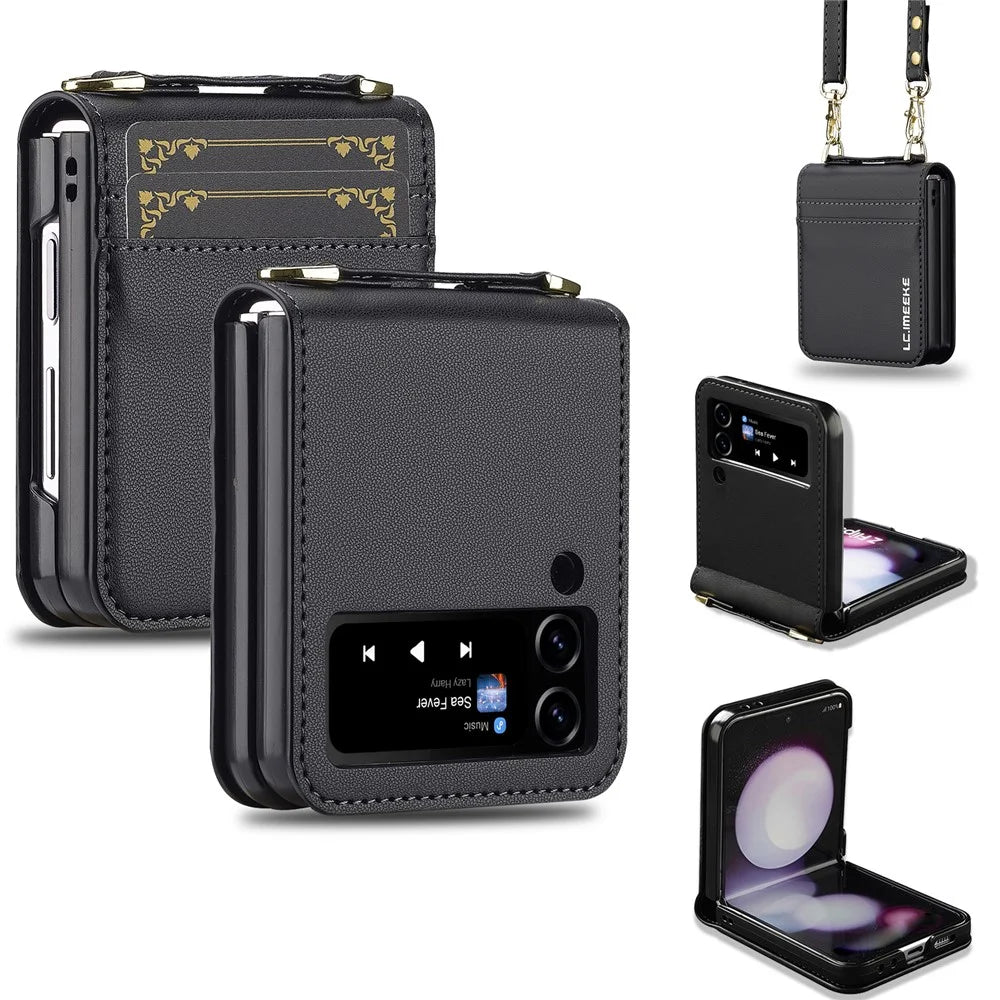 LC.IMEEKE for Samsung Galaxy Z Flip3 5G Case Leather+PC Phone Cover with Straps Card Slots - Black - 1