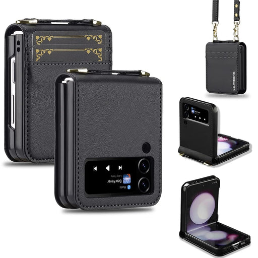 LC.IMEEKE for Samsung Galaxy Z Flip3 5G Case Leather+PC Phone Cover with Straps Card Slots - Black - 1
