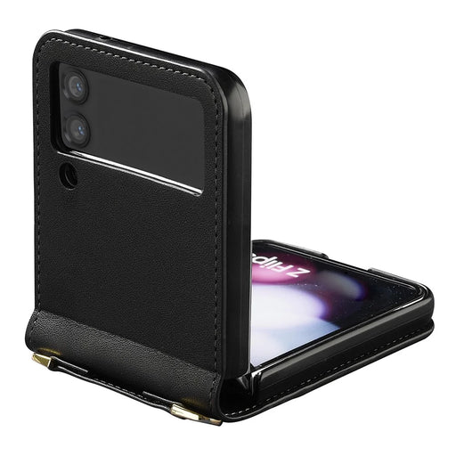 LC.IMEEKE for Samsung Galaxy Z Flip3 5G Case Leather+PC Phone Cover with Straps Card Slots - Black - 2