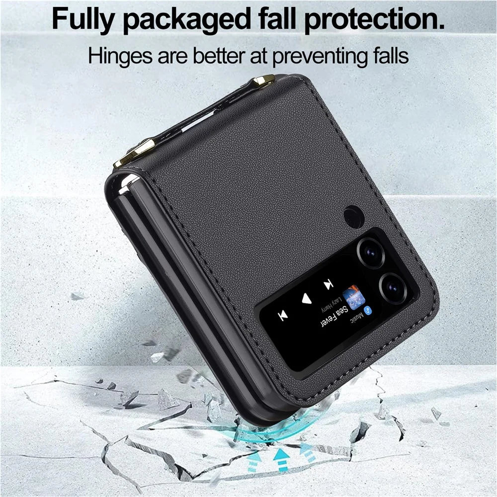 LC.IMEEKE for Samsung Galaxy Z Flip3 5G Case Leather+PC Phone Cover with Straps Card Slots - Black - 5