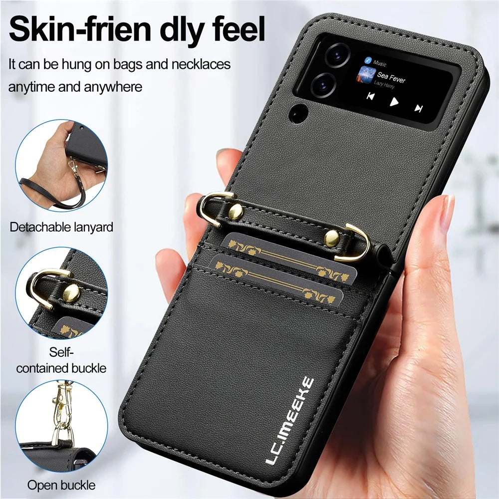 LC.IMEEKE for Samsung Galaxy Z Flip3 5G Case Leather+PC Phone Cover with Straps Card Slots - Black - 6