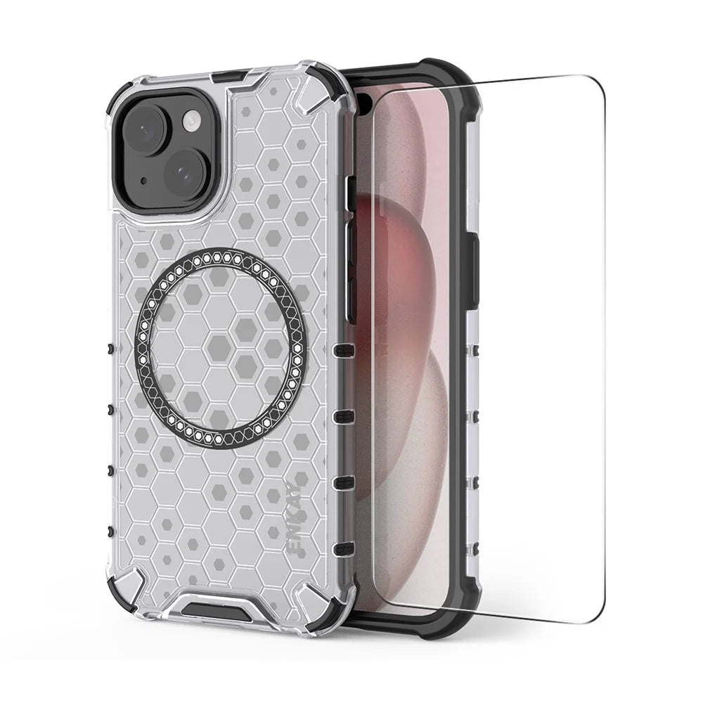 ENKAY HAT PRINCE For iPhone 15 Plus  Magnetic Case Honeycomb Design TPU+PC Phone Cover + Large Arc Edge Screen Protector - White - 1