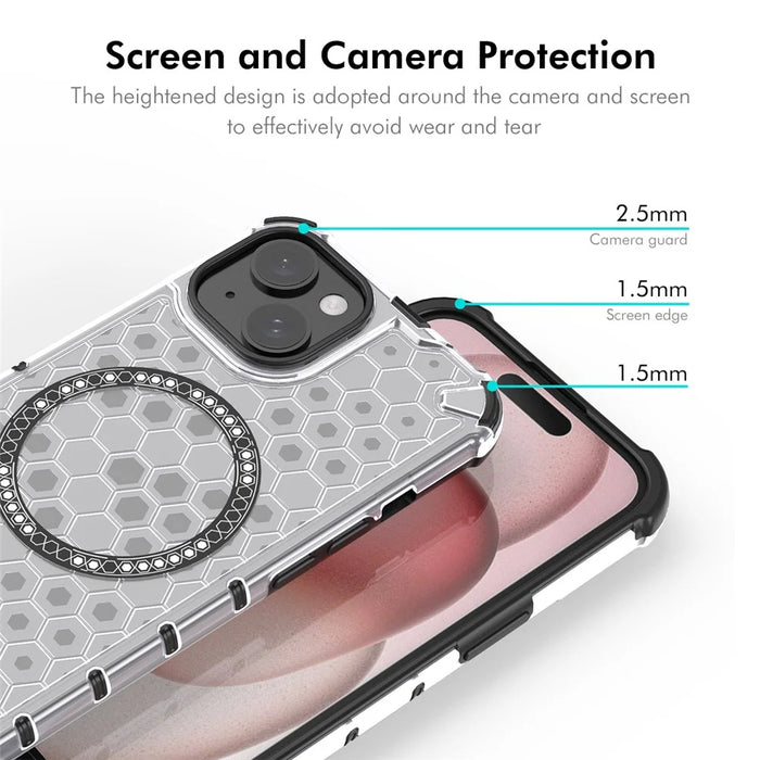 ENKAY HAT PRINCE For iPhone 15  Magnetic Case Honeycomb Design TPU+PC Phone Cover + Large Arc Edge Screen Protector - White - 3