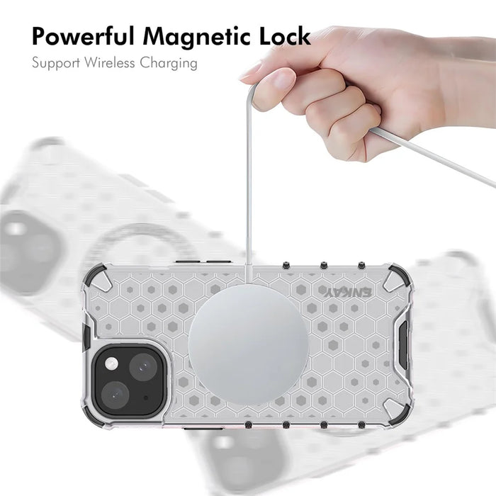 ENKAY HAT PRINCE For iPhone 15  Magnetic Case Honeycomb Design TPU+PC Phone Cover + Large Arc Edge Screen Protector - White - 4